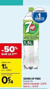 Promo -50% sur 2THE Vendu et 2 Lurninare +1 Vignette Spinion 7UP 1,5L! Seulement 0,74€ pour 2 produits 100% recyclables sans sucres!