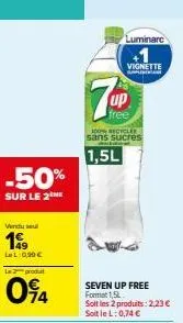 promo -50% sur 2the vendu et 2 lurninare +1 vignette spinion 7up 1,5l! seulement 0,74€ pour 2 produits 100% recyclables sans sucres!