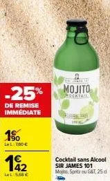 25% de réduction immédiate sur le sir james 101 mojito et les cocktails sans alcool ! spritz, g&t, mocktail et plus!
