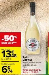 50% de réduction sur 2 bouteilles de spritz martini bianco 8%vol, 75d: seulement 694 € au lieu de 11.99 €!