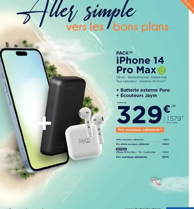 iphone 14 pro max ⓡ 128 go - reconditionné - parfait état + batterie externe puro + écouteurs jaym : vers les bons plans jaym avec pack promo ! garantie 24 mois.