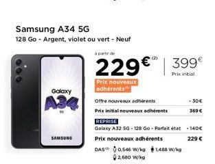 Nouveau Samsung A34 5G 128 Go - Argent, violet ou vert - 229€ pour les nouveaux adhérents!