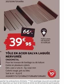 Promo ! Tôle en Acier Galva Laquée Nervurée Ondometal: 66€ (au lieu de 39€ 95) + Couleurs au Choix! Dim 2.50 x 1,05 m-Ep. 0.50 mm.