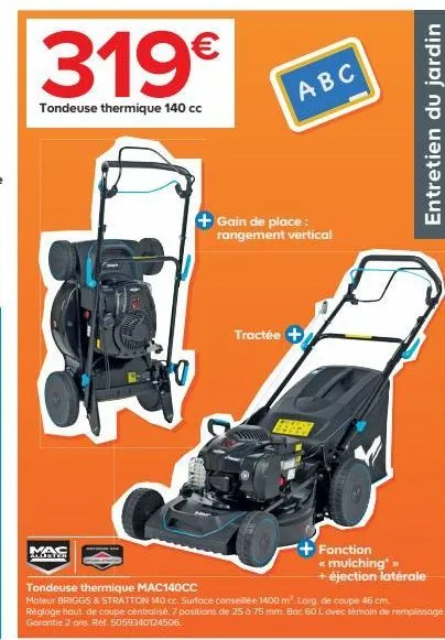 tondeuse thermique 140 cc mac jorter: gain de place, moteur briggs & stratton, 1400 m², 46 cm, 319€!