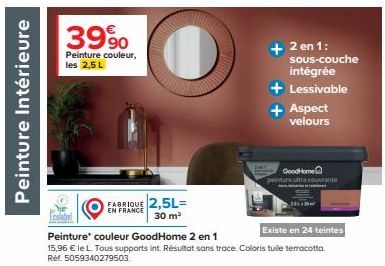 Peinture 2 en 1 GoodHome - 2,5L, 30m², 24 teintes, 15,96€/L, aux supports int., Résultat sans trace