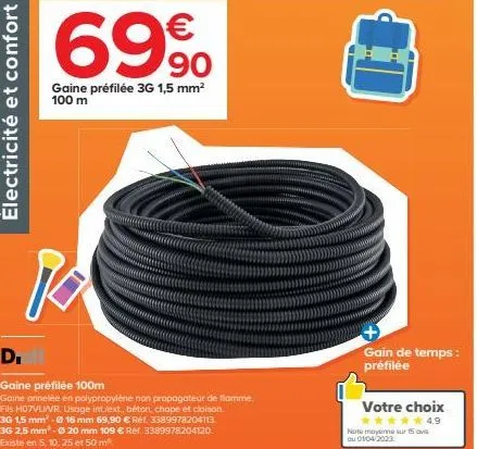 lot de 100 m de gaine préfilée 3g 1,5 mm² - h07vuvr - usage int./ext. - promo 69.90€