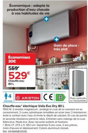 Economisez jusqu'à 529€ sur le Chauffe-eau électrique Velis Evo Dry 80L ARISTON CEB + 2 anodes magnésium !