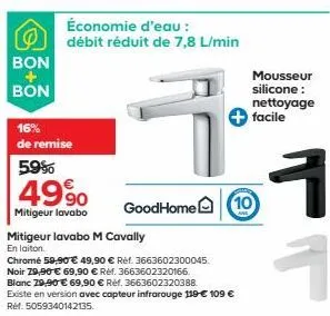 mitigeur lavabo m cavally en laiton - goodhome 10 - remise 16% - chrome 59,90 € - débit réduit 7,8l/min!