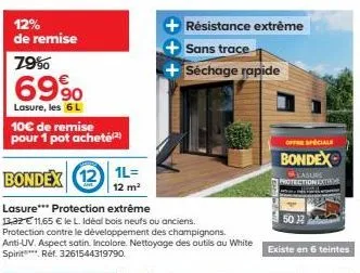 bondex 12 1l : lasure protection contre le temps et 12% de remise ! idéal bois neufs et anciens. 11,65€ le l.