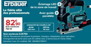 Erbauer EJS7 Scie sauteuse 750 W: Éclairage LED, Guide parallèle, Promo 82.90, Jusqu'à 10mm & 120mm Coupe Bois & Metal à 45°!