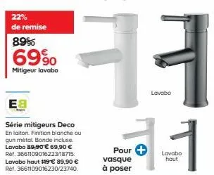 mitigeur lavabo e8 avec 22% de remise - économisez 30€, bonde incluse en laiton, finition blanche ou gun métal.