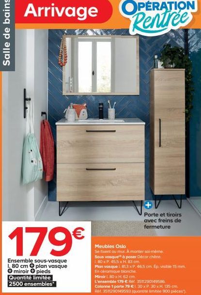 Offre limitée! Ensemble Sous-Vasque Göhrerstand Becceterum 179€: plan vasque, miroir, pieds, portes, tiroirs et freins de fermeture Meubles Oslo!