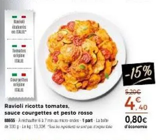 découvrez le ravioli au pesto rosso alie de tomates sriste et courgettes trie italie à seulement 5,20€ -15% !.
