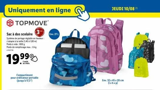 topmove sac à dos scolaire: s'adapte à la taille (1,40 à 1,80m), 6kg max., 19.99€ seulement en ligne!