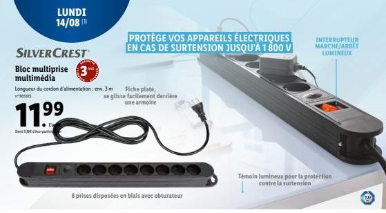 SilverCrest Bloc Multiprise 3 Multimédia : 8 Prises Avec Obturateur, Fiche Plate, 3m de Longueur - 30€ d'économie Lundi 14/08!