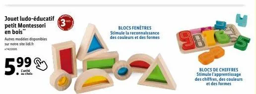 le ludo-éducatif petit montessori en bois : 3 blocs fenêtres ! promo 5.99€ sur lidl.fr pour stimuler la reconnaissance des couleurs et des formes.
