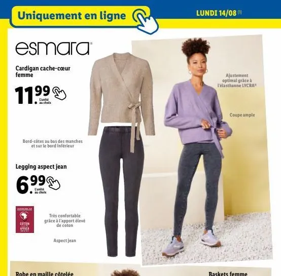 esmara cardigan cache-cœur femme: bord-côtes, legging aspect jean - 6.⁹9⁹ l'unité - cotton o africi ber!