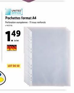 Lot de 50 Pochettes Format A4, Perforation Européenne. 11 Trous Renforcés. 417778, 1.4⁹, 49 - United Office