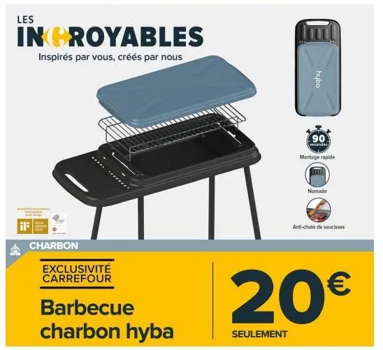 barbecue charbon hyba hubo - montage rapide en 90 secondes et anti-chute de saucisses - exclusivité carrefour à 20€ !