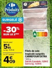 30% de Réduction sur le 2ème Produit Filets de Sole Tropicale Surgelés CARREFOUR EXTRA 500g - 9,94€/kg