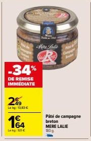 Profitez de l'Offre de Remise Immédiate de 34% sur le Pâté de Campagne Breton Mère Lalie 180g!