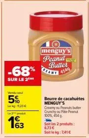 2 produits menguy's peanut butter -68%, 454g - 5% de réduction, 11,23€ les 2!
