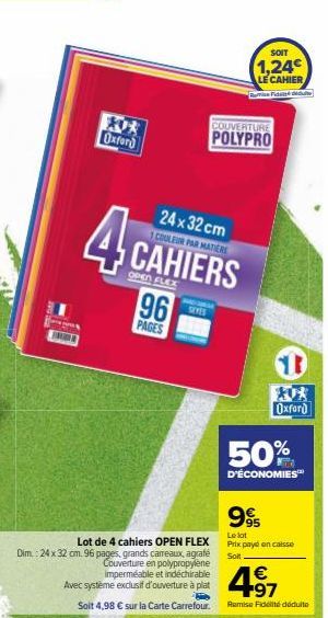 Lot de 4 Cahiers OPEN FLEX, Dim.: 24 x 32 cm, 96 Pages, Grande Carreaux, Agrafé, 1 Couleur par Matière, Couverture en Polypropylène Imperméable et I - Promo!