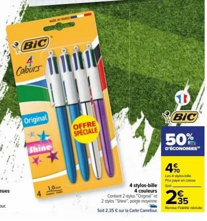 offre speciale – 4 stylos-bille bic 4 couleurs, made in france : 2 original & 2 shine, pointe 1,0mm à 2,35€!