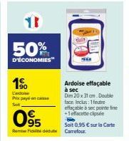 Économisez 50% sur l'Ardoise Effaçable à Sec Carrefour: Double Face 20x31cm et Accessoires Inclus!