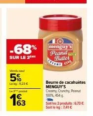 2x454g de beurre de cacahuètes menguy's creamy crunchy à 6,73€ avec une remise de 68%!