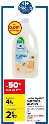 -50% sur le 2ème produit carrefour essential: lessive liquide aloe vera ou savon de marseille à marseille!