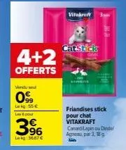 vitakraft catstick friandises stick pour chat: 6+2 offerts, 0⁹⁹ lekg à 55€, les&pour 39 la kg à 36.67€.