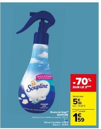 2 Produits SOUPLINE et GRAND: 6,89 €, 70% sur le 2ème, 21,20 € avec 5% de remise.