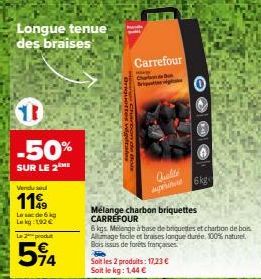 Promo -50% sur 6kg Mélange Charbon/Briquettes CARREFOUR - Longue Tenue des Braises