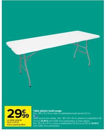 Table Pliante Multi-Usage 3,5 cm: Découvrez le Bancplable 183x30x43cm (avec Éco-Participation 2,20 €)!