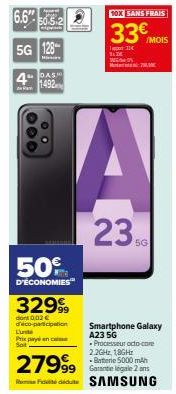 Offre Exclusive : Économisez 50% sur le Smartphone Galaxy A23 5G avec 6 Go de RAM, 128 Go de Stockage, 1492 MHz d'horloge, 00 couches, Paiement 10x Sans Frais 33€/mois et 0,02€ d'éco-participation.