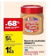 Promo -68% sur le Beurre de Cacahuètes Menguys Creamy Crunchy - 2 produits pour 6,73€/kg à 7,41€