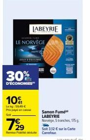 Économisez 30% sur le Samon Fumé LABEYRIE Norvège, 5 tranches, 175 g - Carte Carrefour à 3,12€ seulement!