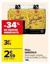 remise immédiate de 34% sur 2 paquets de pâtes garofalo penne rigate, linguine, fusilli et farfalle | 250€ pour 2.500g!