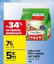 Profitez d'une Remise Immédiate de 34% sur CAT'S BEST Original, Litière chat 100% végétale, avec 3Kg à 73€.