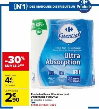 carrefour essential: -30% sur 2e produit. essuie-tout blanc ultra absorbant, 6 rouleaux/49€.