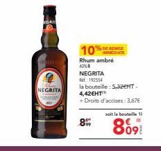 RHUM NEGRITA - 10% DE REMISE IMMÉDIATE - 5,32EHT. 4,42€HT™ + DROITS D'ACCISES: 3,67€