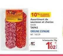 promo : tapas espagnoles - assortiment saucisson & chorizo tranché - 15 barquettes 70g - 102 ref. 145129