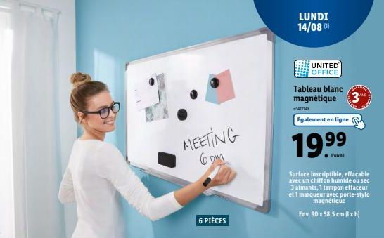 Promo! Tableau Blanc Magnétique United Office: Surface Inscriptible, Effaçable, 3 Aimants, 1 T. Réunion Lundi 14/08!