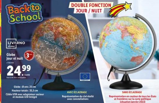 Retournez à l'école avec le LIVARNO Globe jour et nuit : 010 Participation + LED Intégrée + Câble USB! 24,99€ - Hauteur totale : 35,5 cm