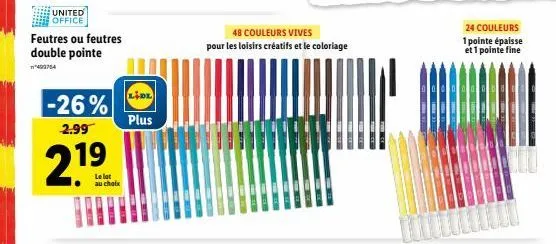 feutres double pointe 48 couleurs vives + 24 couleurs ! -26% chez united office | 402754 | 2.99 le lot