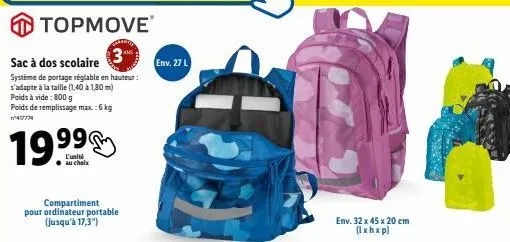 sac à dos scolaire 477774 : réglable, léger et robuste jusqu'à 6kg ! 19.⁹9⁹, compartiment pour ordin.