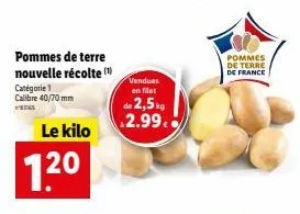 pommes de terre de france - nouvelle récolte ! 1,20€/kg ou 2,5kg à 2,99€