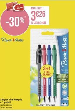 Plus Moins -30% : Profitez du Lot Pap. 3 Stylos Bille Flexgrip + 1 Gratuit!