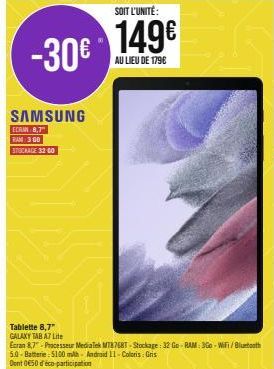 Tablette Samsung Galaxy Tab A7 Lite: -30€, Ecran 8.7, RAM 300, 32 Go de stockage pour 149€!